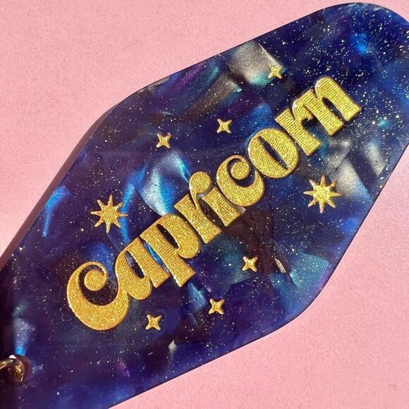 Engraved Capricorn Horoscope Celestial Astrology Glitter Resin Keychain - Picture 2 of 5